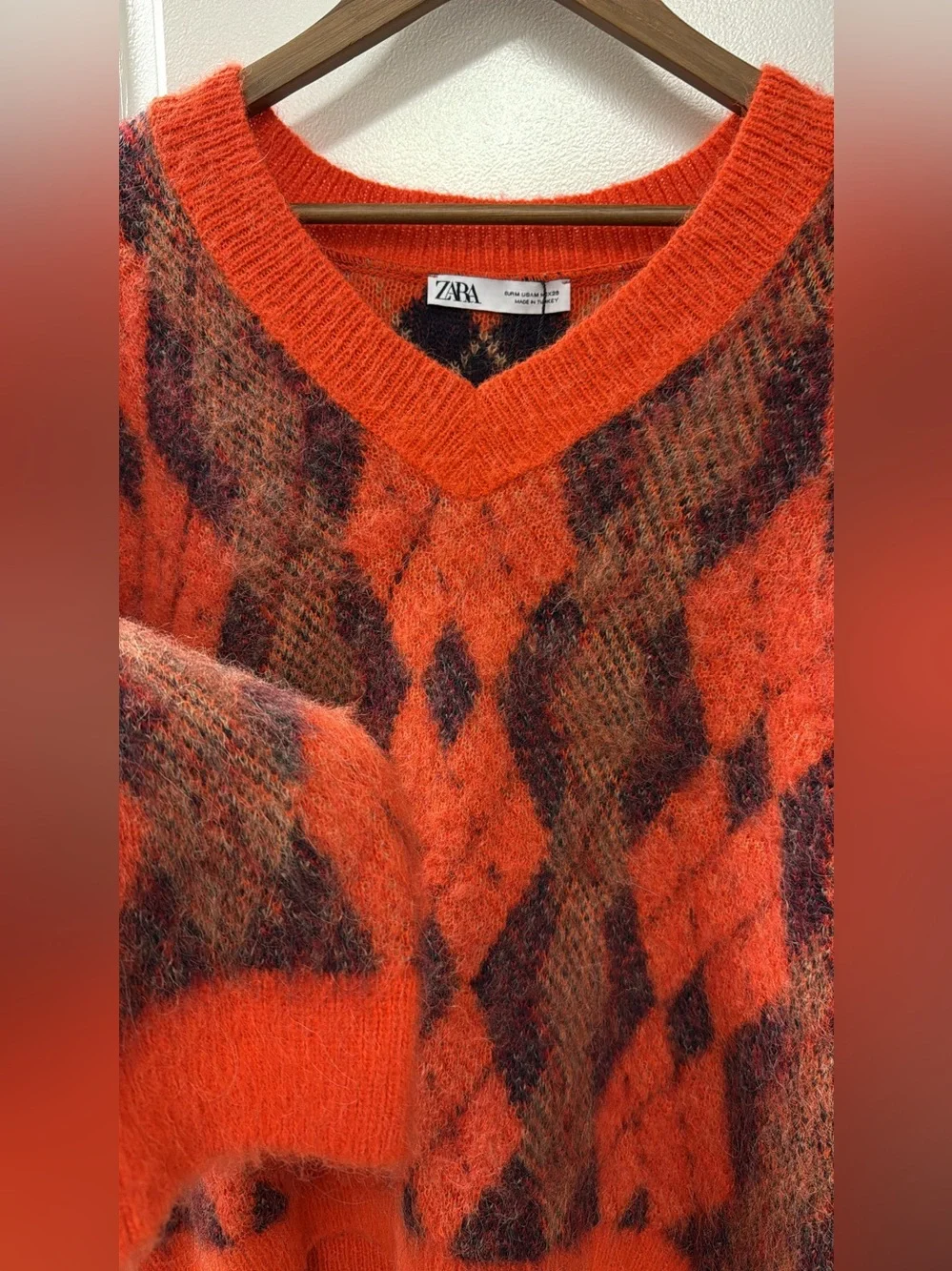 Zara Bright Orange & Brown Argyle V-Neck Sweater